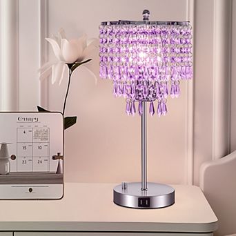 16.93 in Chrome Table Lamp, Purple Crystal, 3-Way Dimmer and Dual USB Ports, LED Integrated