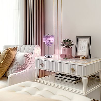 16.93 in Chrome Table Lamp, Purple Crystal, 3-Way Dimmer and Dual USB Ports, LED Integrated