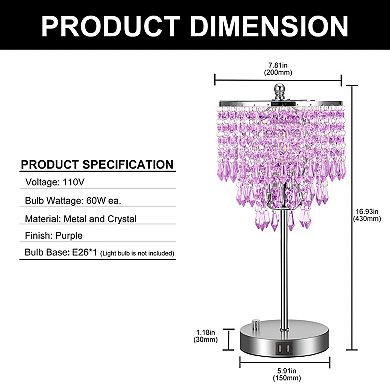 16.93 in Chrome Table Lamp, Purple Crystal, 3-Way Dimmer and Dual USB Ports, LED Integrated