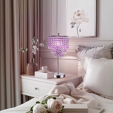 16.93 in Chrome Table Lamp, Purple Crystal, 3-Way Dimmer and Dual USB Ports, LED Integrated