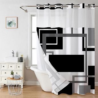 Hookless Geometric Shower Curtain with Snap-in Liner, Waterproof Polyester