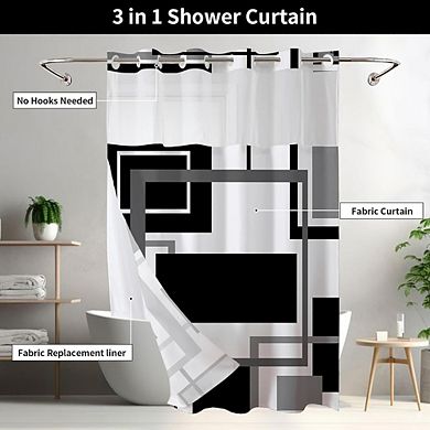 Hookless Geometric Shower Curtain with Snap-in Liner, Waterproof Polyester