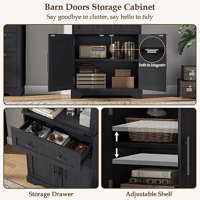 70" Tall Farmhouse 5-Tier Floor Standing Bookshelf with Adjustable Shelves and Storage Cabinet