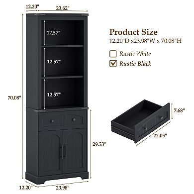 70" Tall Farmhouse 5-Tier Floor Standing Bookshelf with Adjustable Shelves and Storage Cabinet