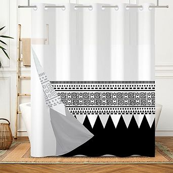 Black and White No Hook Shower Curtain with Snap-In Waterproof Liner & Modern Striped Pattern