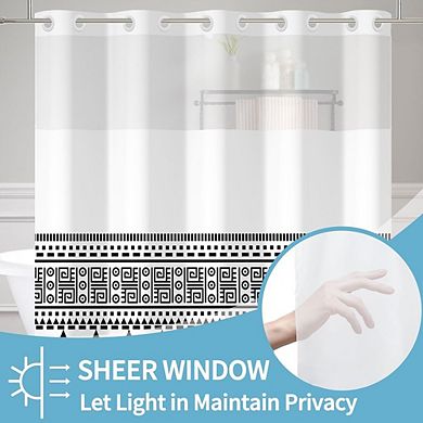 Black and White No Hook Shower Curtain with Snap-In Waterproof Liner & Modern Striped Pattern