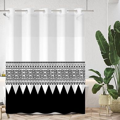 Black and White No Hook Shower Curtain with Snap-In Waterproof Liner & Modern Striped Pattern