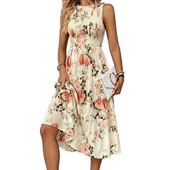 Women's Plus Size High Waist Floral Print Ruffle Hem Dress Sleeveless Long Dress