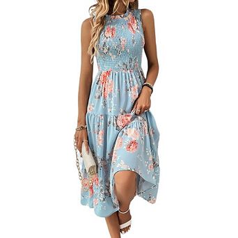 Women's Plus Size High Waist Floral Print Ruffle Hem Dress Sleeveless Long Dress