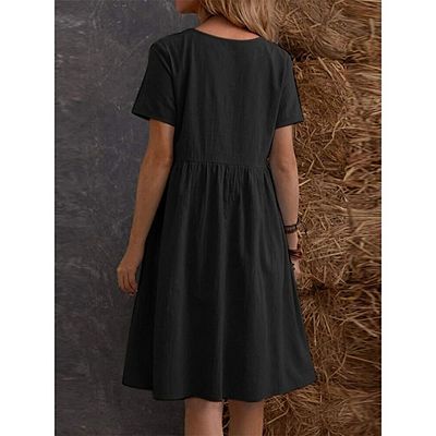 loose cotton midi dress Husipze Womens Summer Cotton Midi Dress Elbow Length Sleeve Button Front V  Neck Casual Loose Dress with Pockets Black M