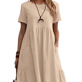 Women's Plus Size Cotton Linen Casual Midi Dresses Short Sleeve Crewneck Loose Flowy Dress