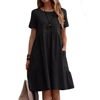 Women's Plus Size Cotton Linen Casual Midi Dresses Short Sleeve Crewneck Loose Flowy Dress