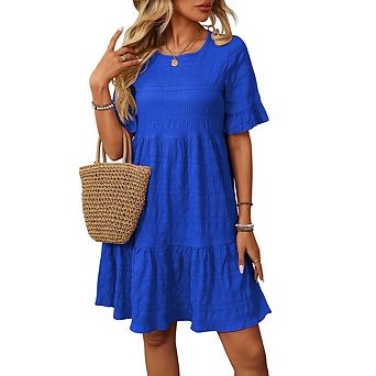 Women’s Summer Ruffle Sleeve Smocked Crew Neck Dress Flowy Tiered Midi Swing Boho Beach Sundress