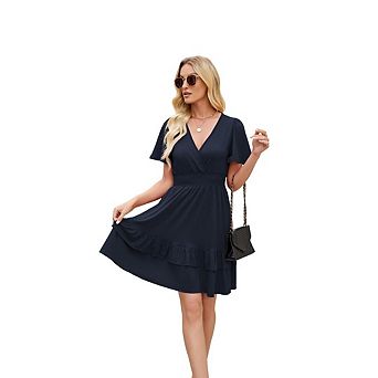 Women's V Neck Flowing Short Dress Fashion Elegant Solid Short Sleeve Ruffle Hem Cross Dresses