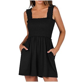 Women's Summer Casual Smocked Rompers Square Neck Sleeveless Loose Shorts Jumpsuit