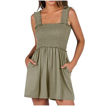 Women's Summer Casual Smocked Rompers Square Neck Sleeveless Loose Shorts Jumpsuit
