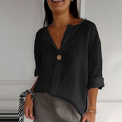 Women's Plus Size Button Down V Neck 3/4 Sleeve T Shirt Blouse Casual Loose Basic Solid Tunic Tops