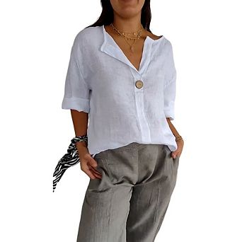 Women's Plus Size Button Down V Neck 3/4 Sleeve T Shirt Blouse Casual Loose Basic Solid Tunic Tops