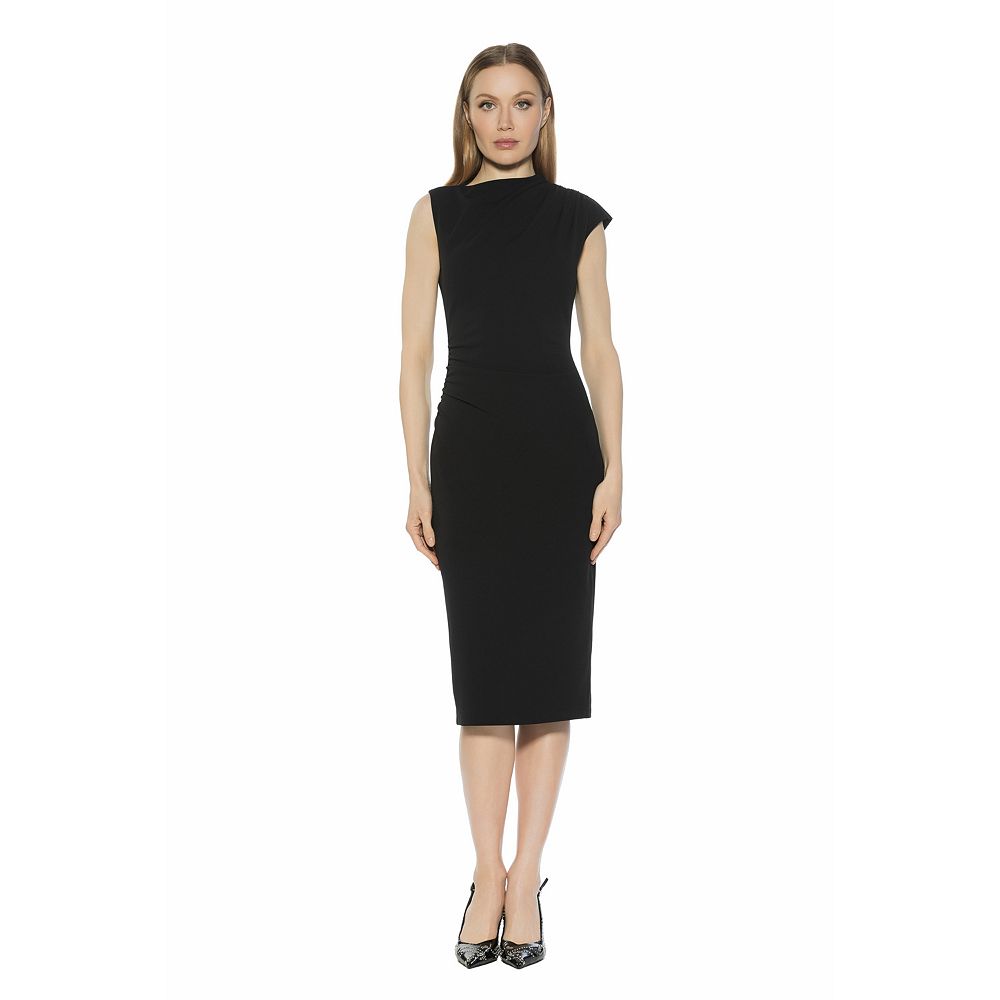 draped mock neck midi sheath dress Draped Mock Neck Midi Sheath Dress