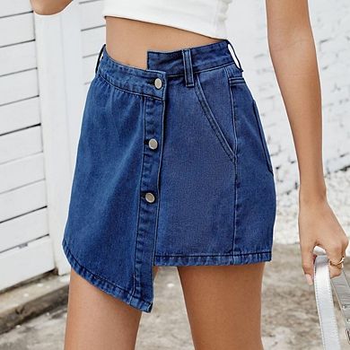 Women’s Casual High Waisted Solid Button Up Asymmetrical Denim Jean Skort Skirt