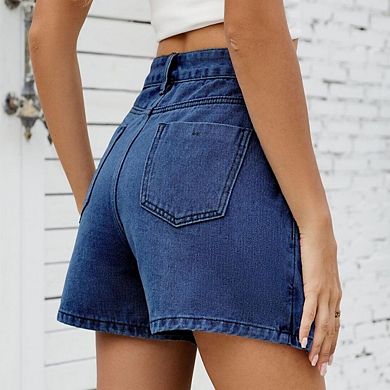 Women’s Casual High Waisted Solid Button Up Asymmetrical Denim Jean Skort Skirt