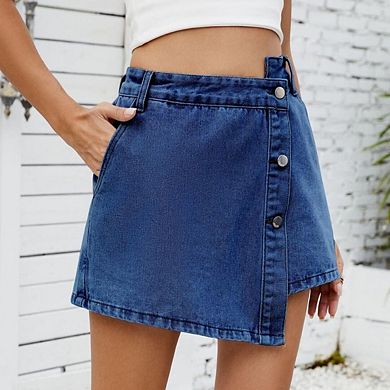 Women’s Casual High Waisted Solid Button Up Asymmetrical Denim Jean Skort Skirt