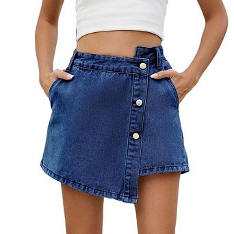 Women’s Casual High Waisted Solid Button Up Asymmetrical Denim Jean Skort Skirt
