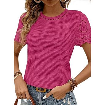 Women's Frenchy Tops Crewneck Short Sleeve T Shirts Casual Waffle Knit Jacquard Blouses Top Shirts