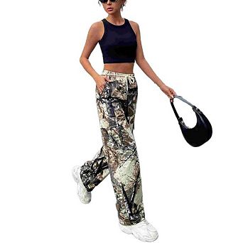 Women's Camouflage Cargo Pants Straight Wide Leg Trousers Jeans