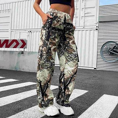 Women's Camouflage Cargo Pants Straight Wide Leg Trousers Jeans