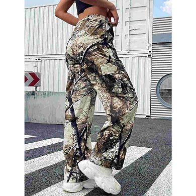 Women's Camouflage Cargo Pants Straight Wide Leg Trousers Jeans