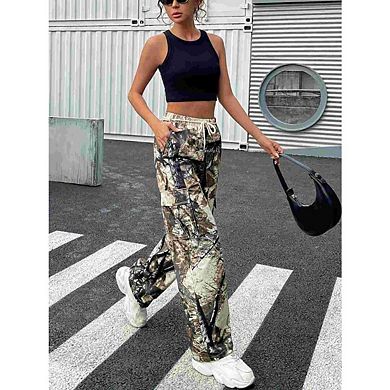 Women's Camouflage Cargo Pants Straight Wide Leg Trousers Jeans