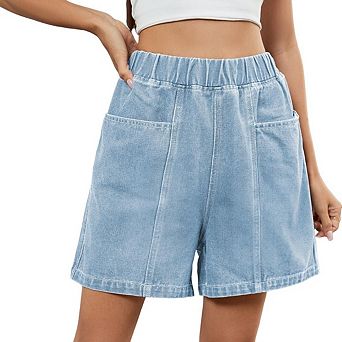 Women's Denim Shorts Casual Summer Washed Elastic High Waist Wide Leg Jean Shorts