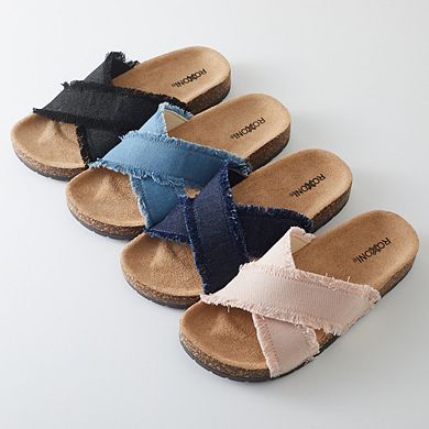 Roxoni Women’s Cross Strap Denim Slide Sandals with Cork Footbed Open Toe Slippers