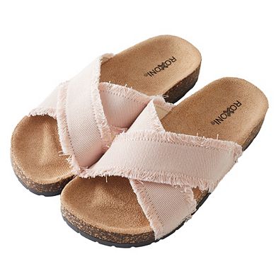 Roxoni Women’s Cross Strap Denim Slide Sandals with Cork Footbed Open Toe Slippers