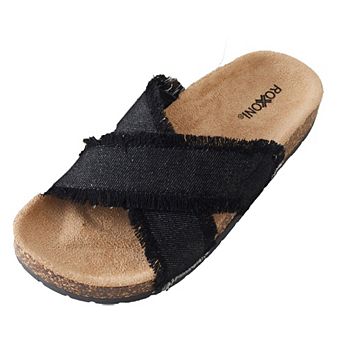 Roxoni Women’s Cross Strap Denim Slide Sandals with Cork Footbed Open Toe Slippers
