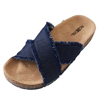 Roxoni Women’s Cross Strap Denim Slide Sandals with Cork Footbed Open Toe Slippers