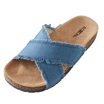 Roxoni Women’s Cross Strap Denim Slide Sandals with Cork Footbed Open Toe Slippers
