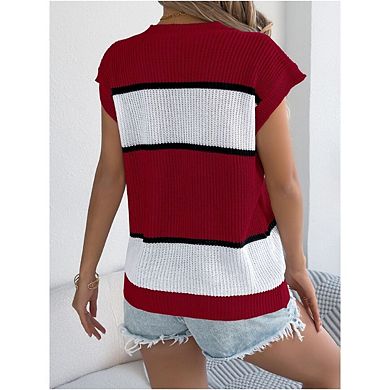Women's Striped Sweater Summer Cap Sleeve Crew Neck Knit Pullover Sweaters Tops