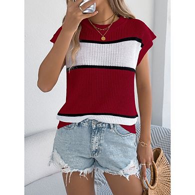 Women's Striped Sweater Summer Cap Sleeve Crew Neck Knit Pullover Sweaters Tops