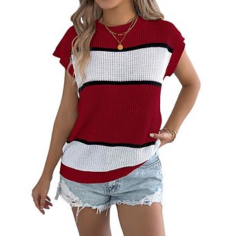 Women's Striped Sweater Summer Cap Sleeve Crew Neck Knit Pullover Sweaters Tops