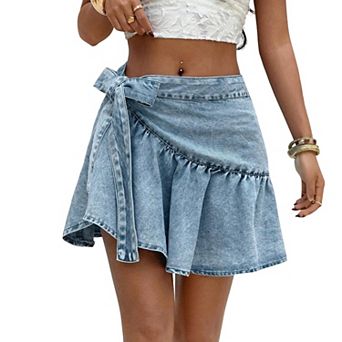 Women's Denim Mini Skirt with Bow Decor Zip Closure
