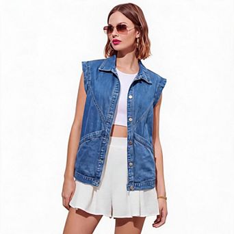 Women's Loose Denim Vest Jacket with Pockets Button Down Sleeveless