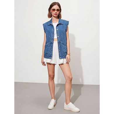 Women's Loose Denim Vest Jacket with Pockets Button Down Sleeveless