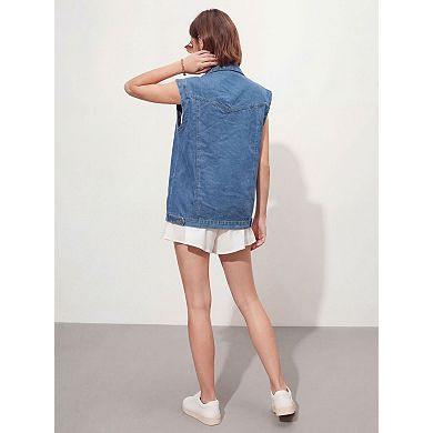 Women's Loose Denim Vest Jacket with Pockets Button Down Sleeveless