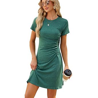 Women's Ruched T-Shirt Dress Summer Bodycon Mini Dress Short Sleeve Wrap Crewneck Fitted Tee Dress