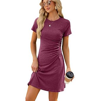 Women's Ruched T-Shirt Dress Summer Bodycon Mini Dress Short Sleeve Wrap Crewneck Fitted Tee Dress