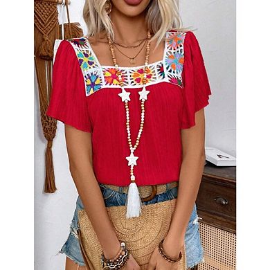 Women’s Boho Floral Embroidered Crochet Square Neck Blouse Ruffle Short Flutter Butterfly Sleeves