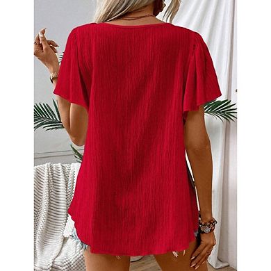Women’s Boho Floral Embroidered Crochet Square Neck Blouse Ruffle Short Flutter Butterfly Sleeves