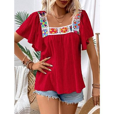 Women’s Boho Floral Embroidered Crochet Square Neck Blouse Ruffle Short Flutter Butterfly Sleeves